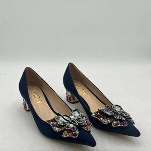 YDN Women Pointed Toe Bow Pump Colorful Rhinestone Block Low Heel Butterfly